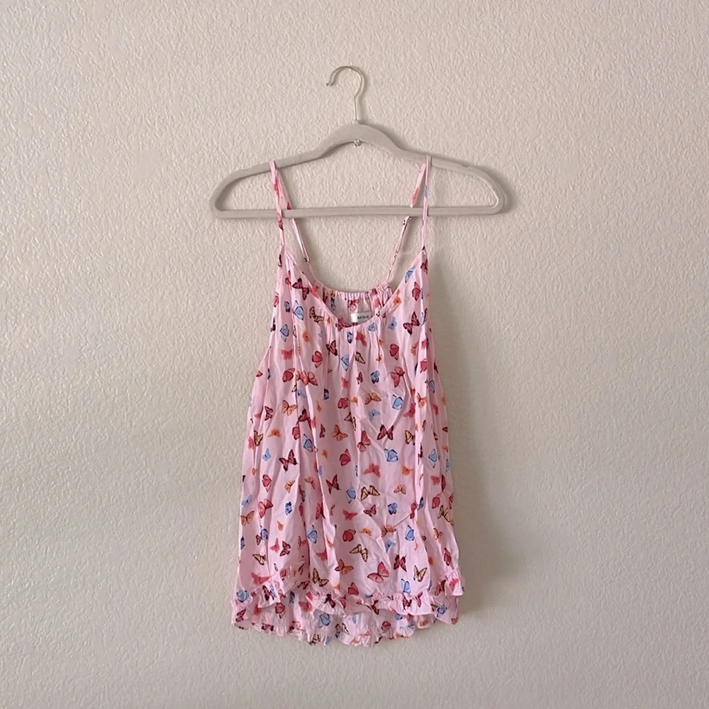 Kensie Camisole Top Scoop V Lounge Ruffle Tank Cottage Butterflies Pink
