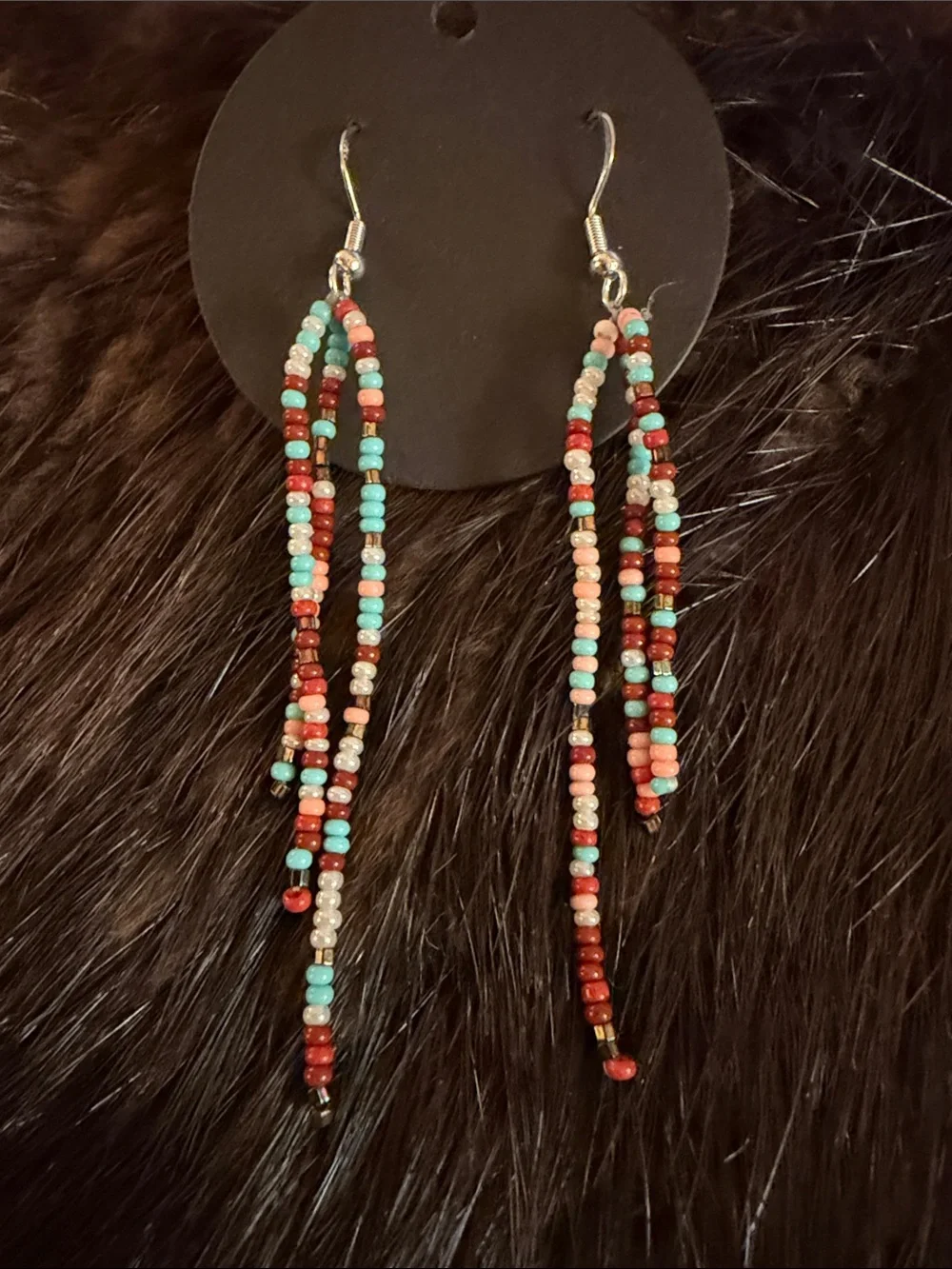 Butter Turquoise, Red & Cream Seed Bead Dangle Earrings