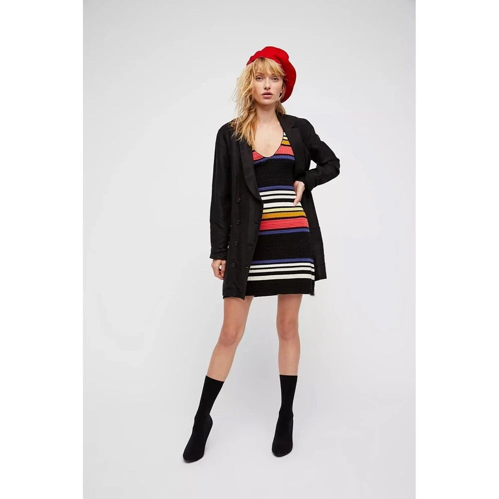 FREE‎ PEOPLE Black Striped Long Sleeve Gidget Sweater Mini Dress Ribbed MEDIUM