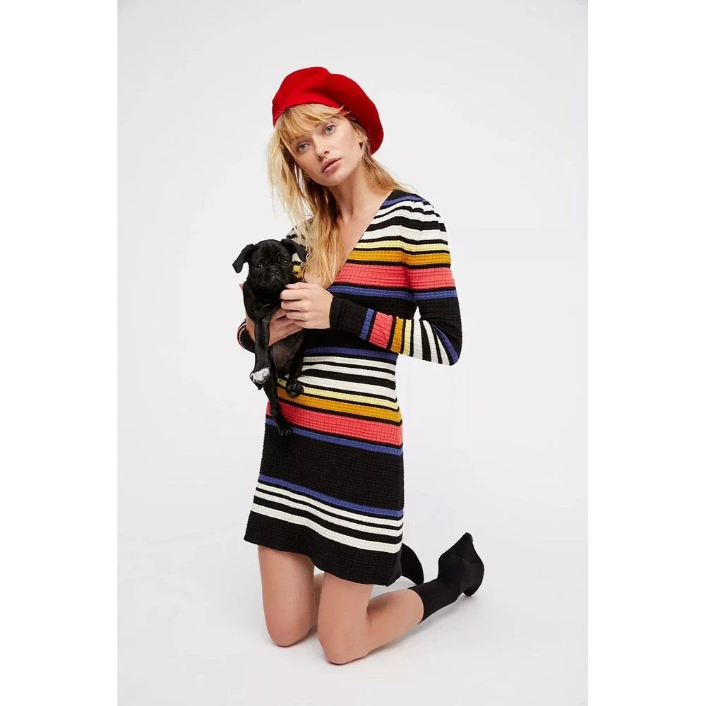 FREE‎ PEOPLE Black Striped Long Sleeve Gidget Sweater Mini Dress Ribbed MEDIUM