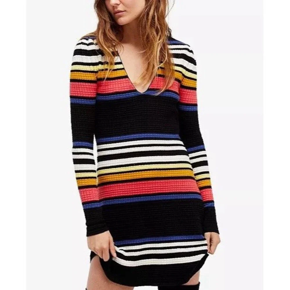 FREE‎ PEOPLE Black Striped Long Sleeve Gidget Sweater Mini Dress Ribbed MEDIUM