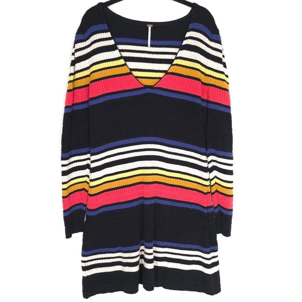 FREE‎ PEOPLE Black Striped Long Sleeve Gidget Sweater Mini Dress Ribbed MEDIUM