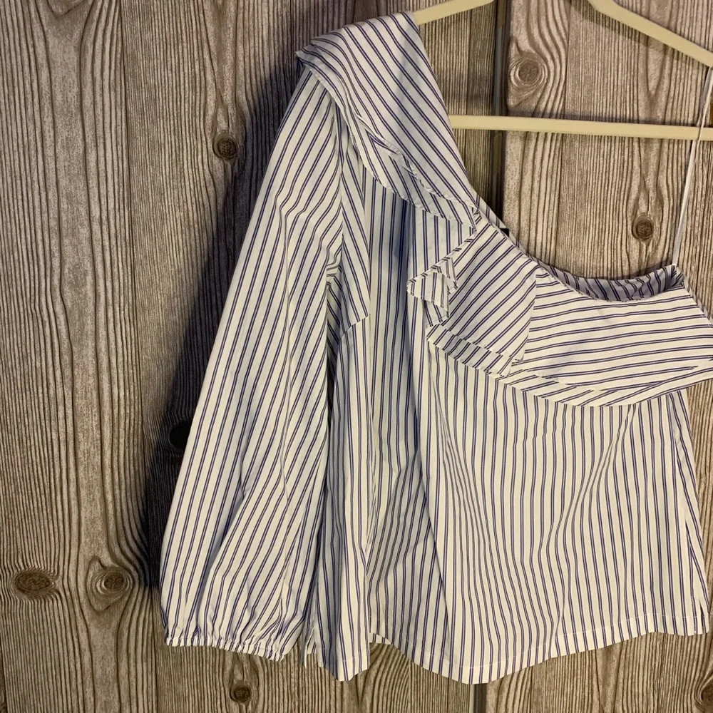 J. Crew 12 pinstripe one shoulder blouse ruffle tailored shirt cotton career NWT