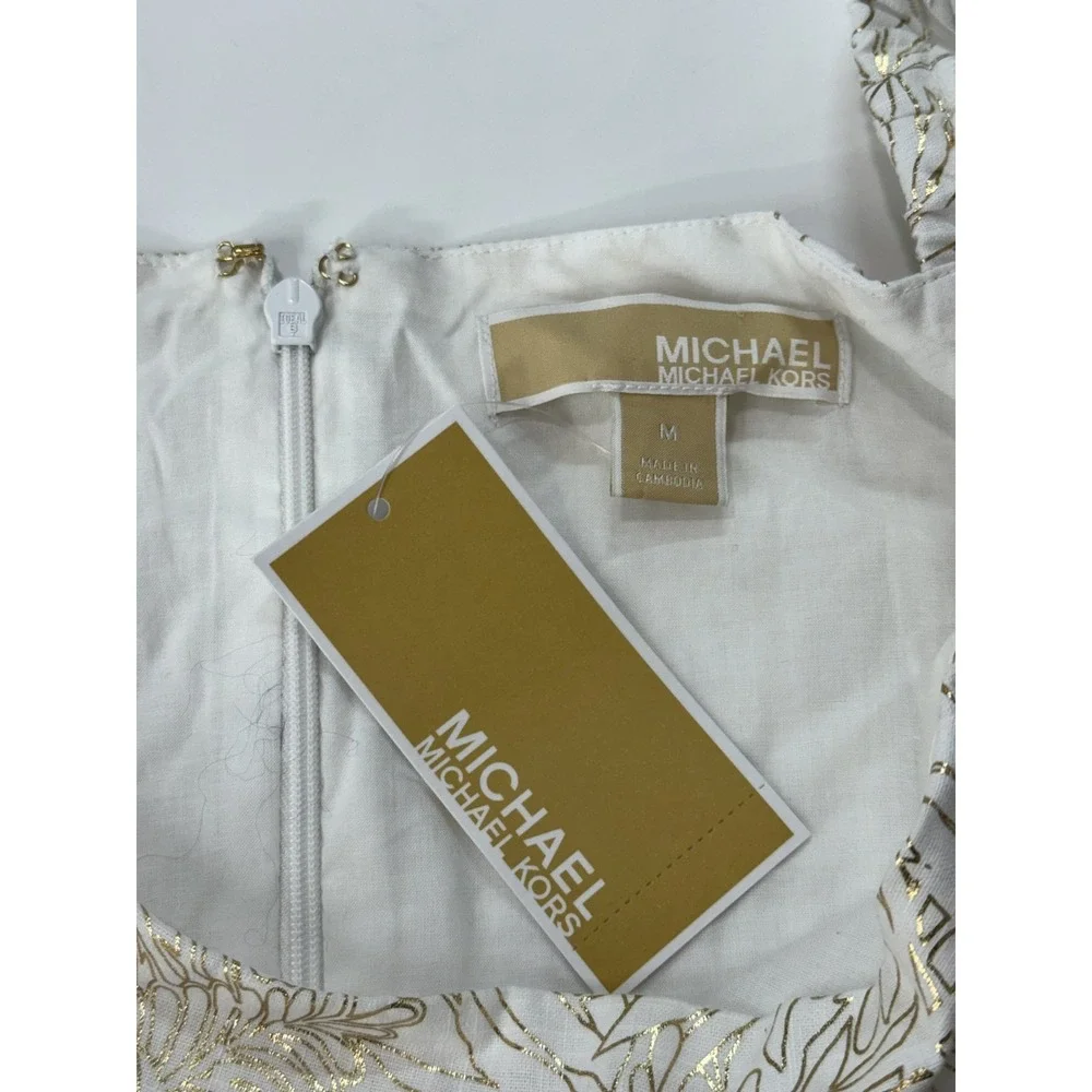 Michael Michael Kors Metallic Gold Floral Puff Sleeve‎ Mini Dress Women's M NWT