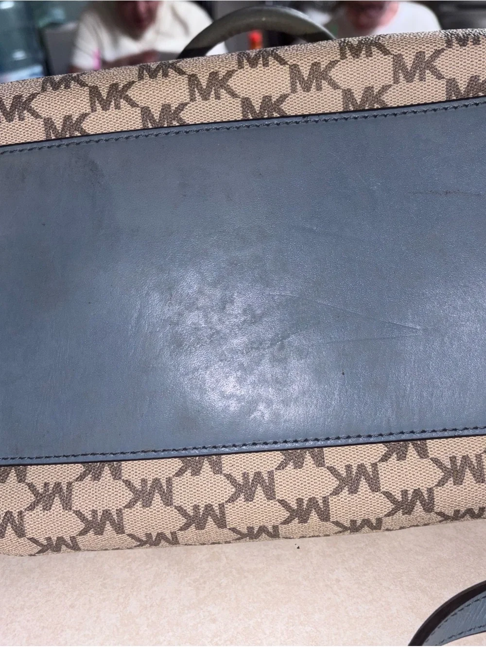 Michael Kors Beige MK Signature Satchel with Light Blue Trim