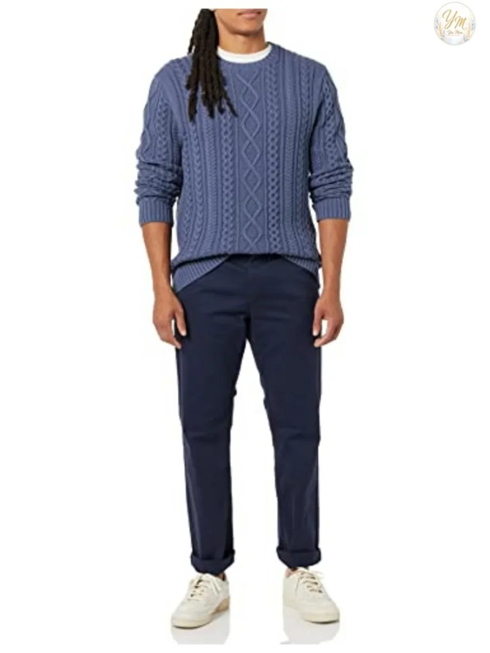 Men's Long-Sleeve 100% Cotton Fisherman Cable Crewneck Sweater