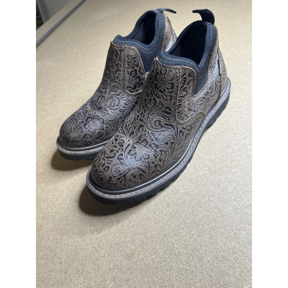 Carhartt Womens CWS4177 Brown Floral Embossed Leather Slip On Work Shoes Size 8