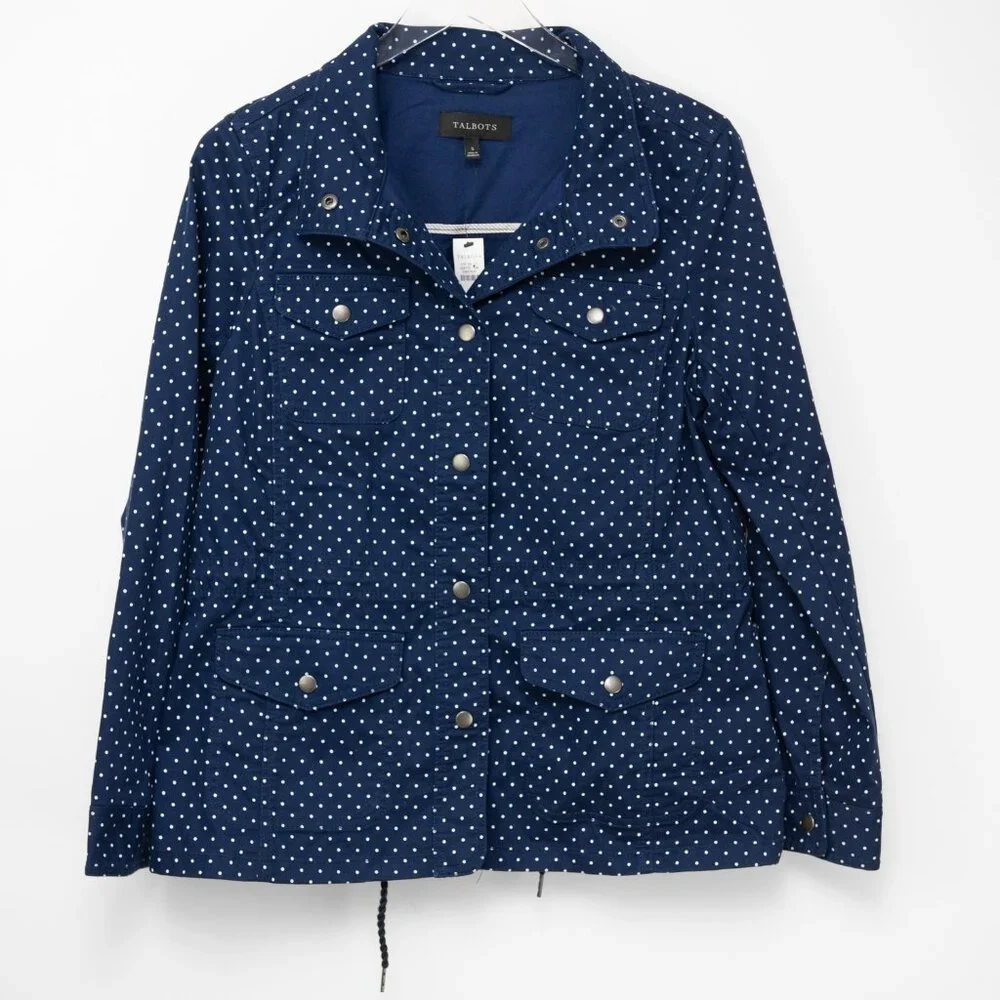 Talbots Casual Drawcord Jacket Polka Dot SnapFront Blue White Size Small New