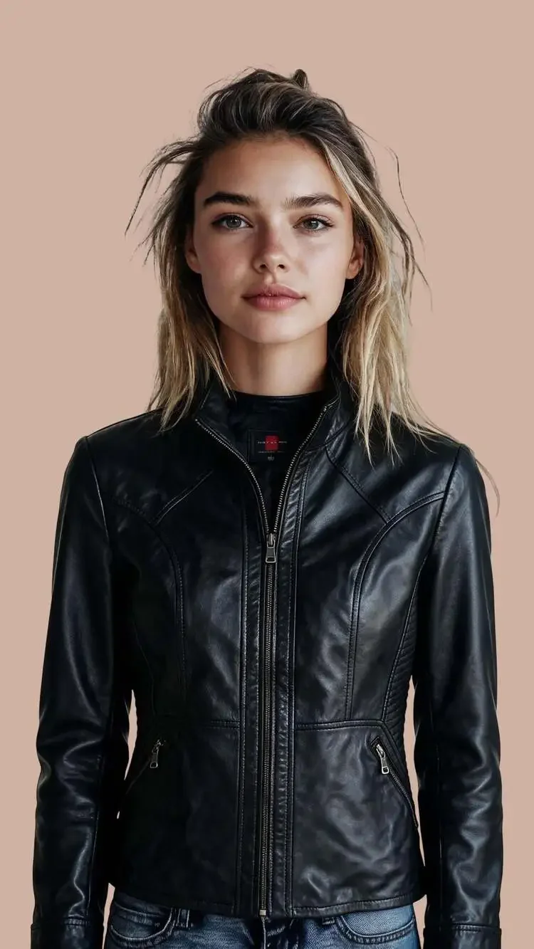 Gallery Genuine Lambskin Leather Women's Zip-Front Moto Jacket, Size L