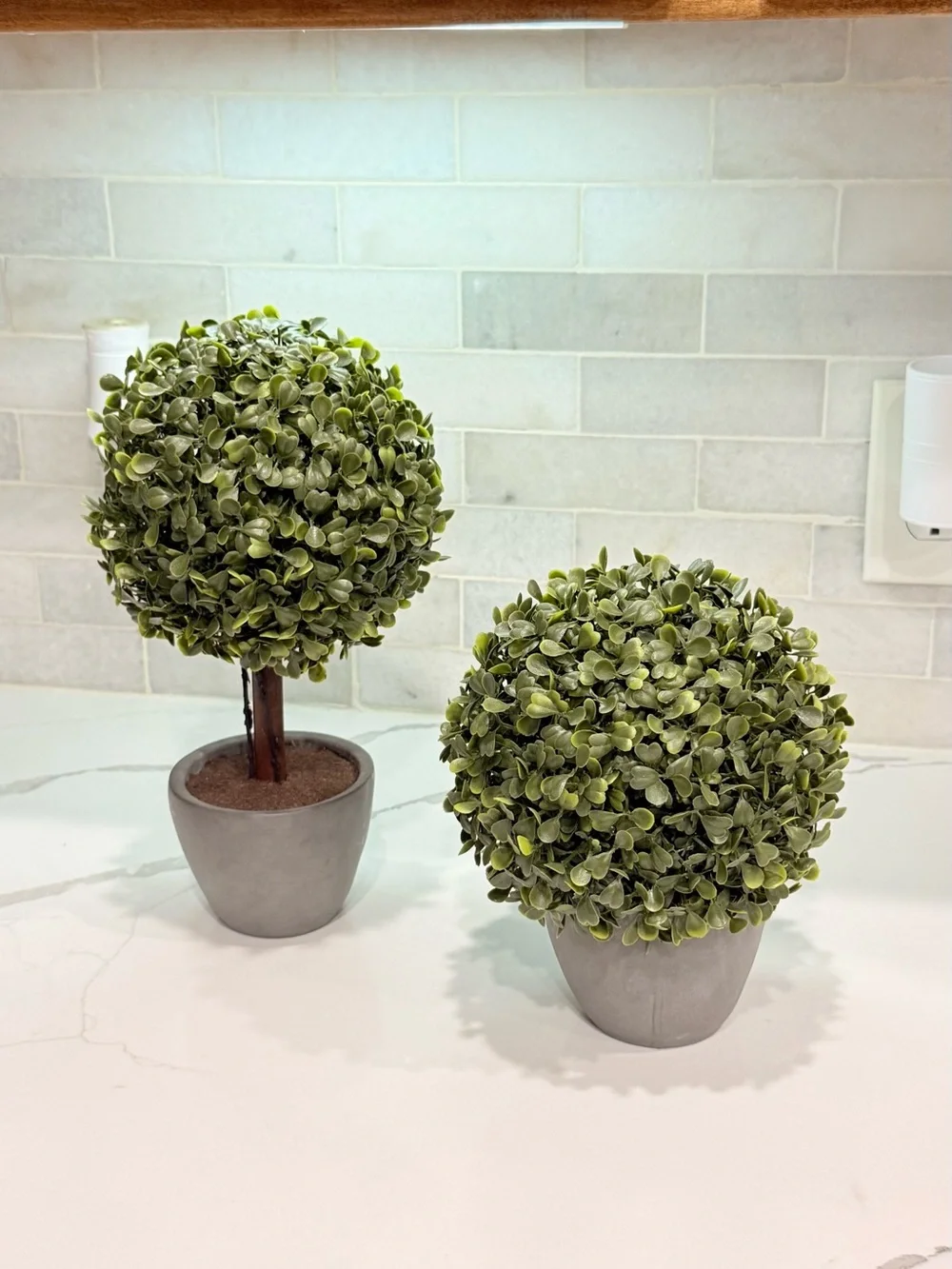 Set of 2 Faux Boxwood Topiary Plants Small Artificial Trees Grey Pots