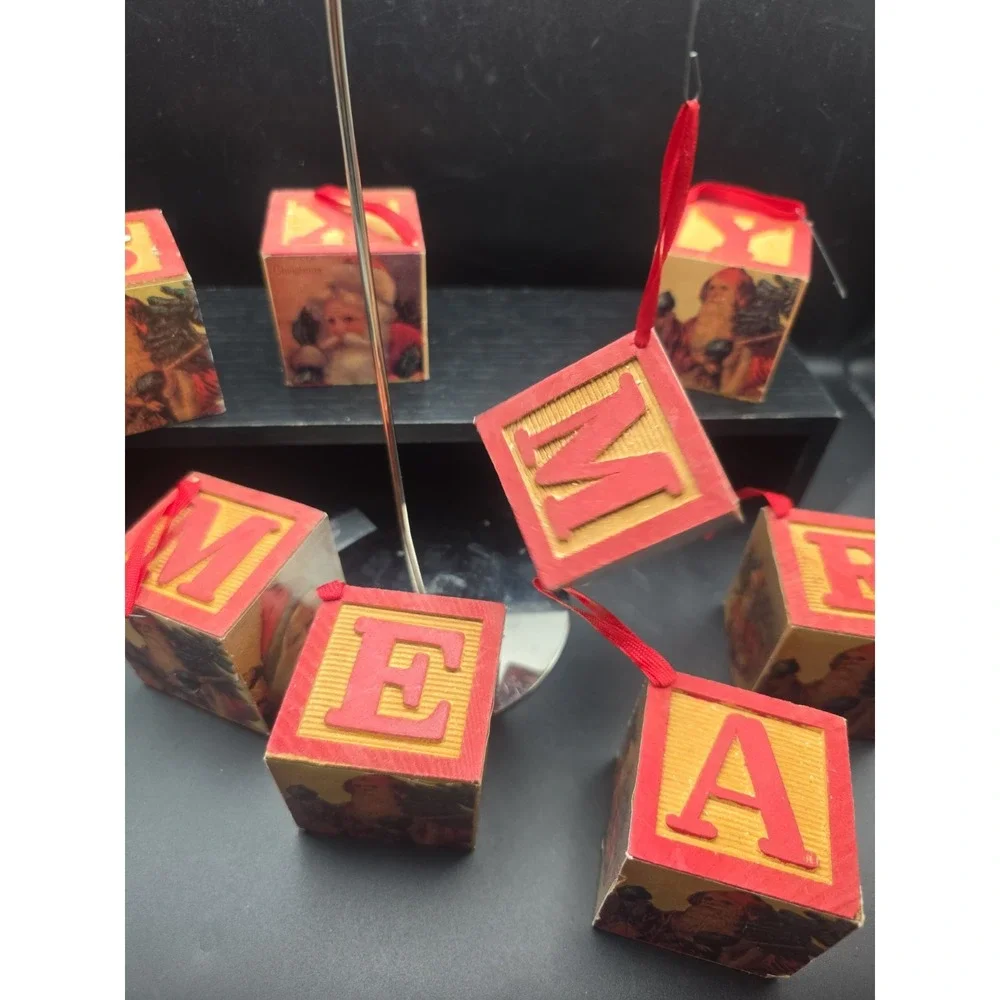 Vintage Set OF 8 Christmas Wood Alphabet Block Ornaments ReD Letter SaNTA Claus!