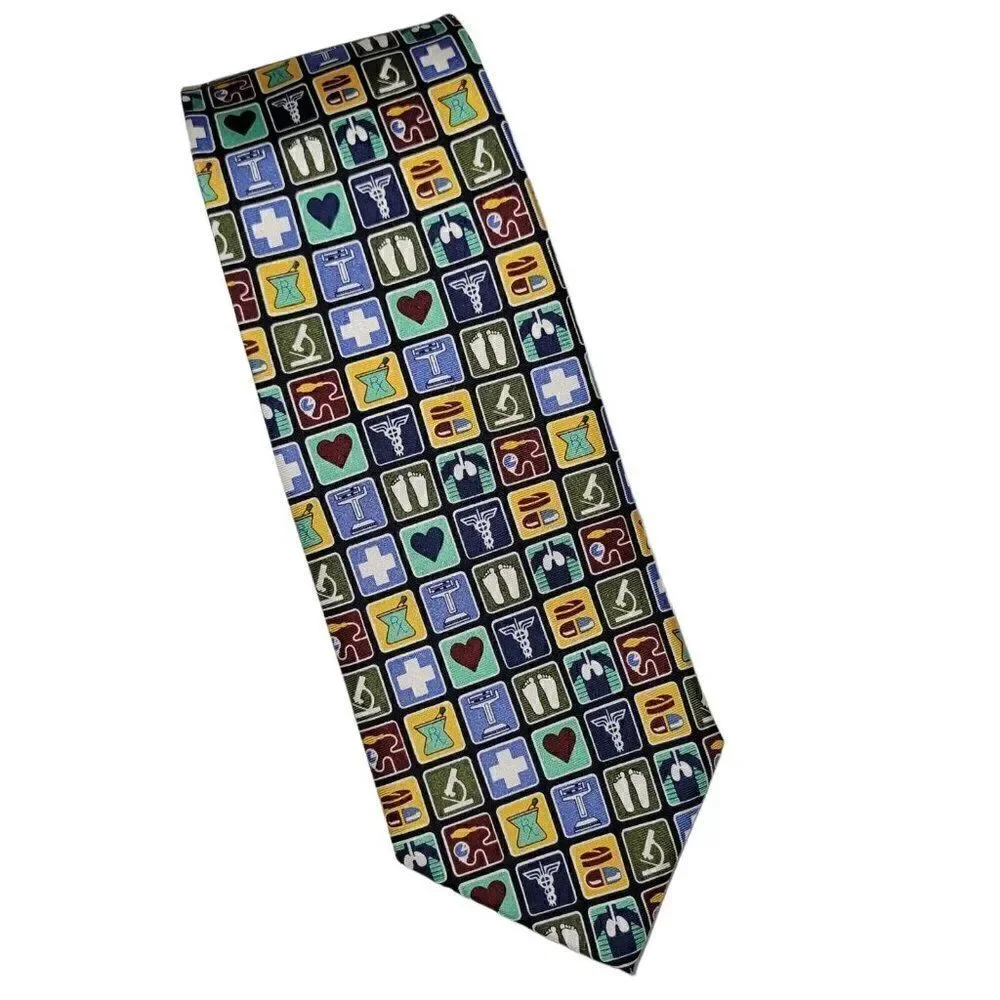 Wild Ties Mens Neck Tie Medical Symbols Instruments 100% Silk Multicolor 60