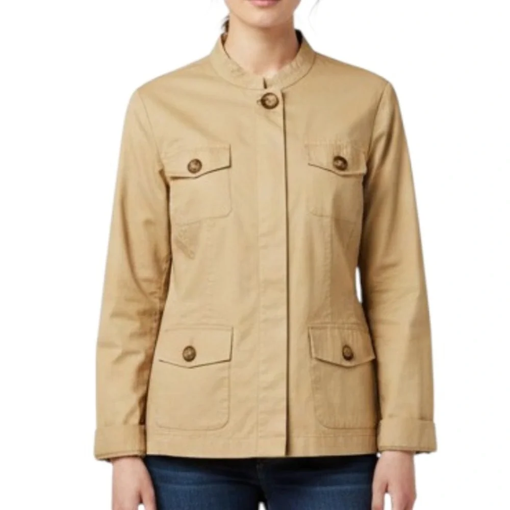 ORVIS Beige Cotton UTILITY JACKET No Collar 4-Pockets Unlined GORPCORE sz 12