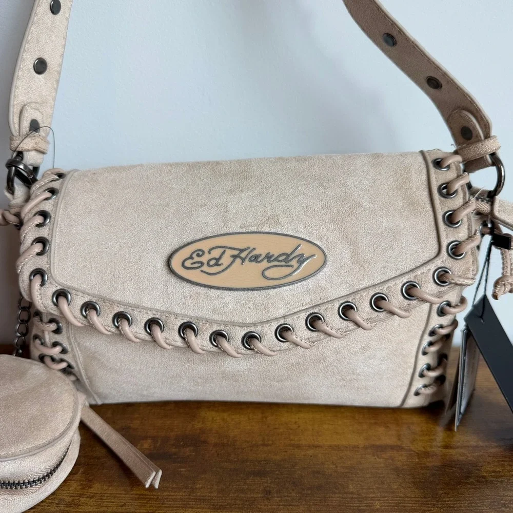 New Ed Hardy Beige Brown Shoulder Handbag Y2K Laced Up Pouch Cream Studded
