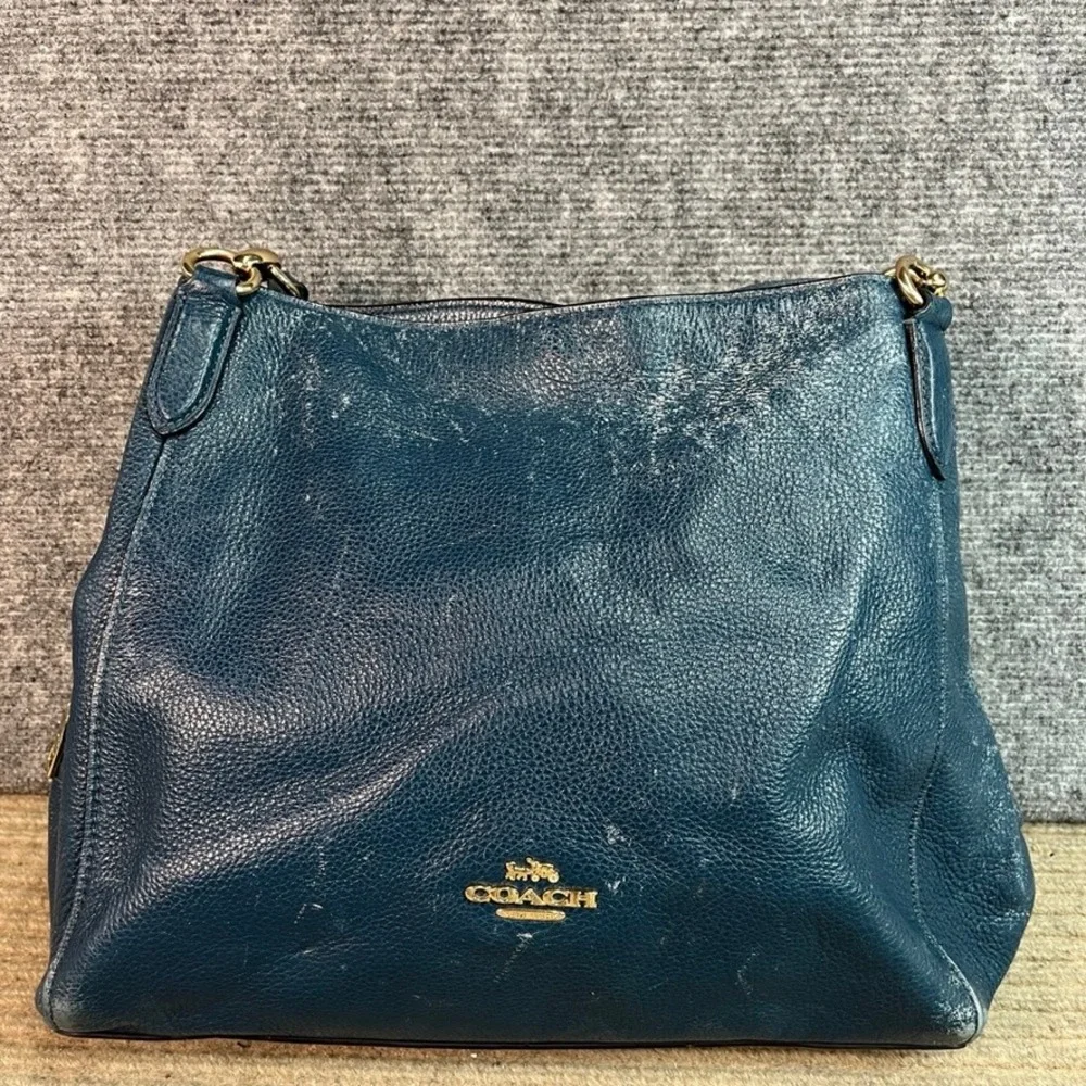 Coach Pebbled Leather Shoulder Bag Teal Blue Gold Hardware Slouchy Hobo