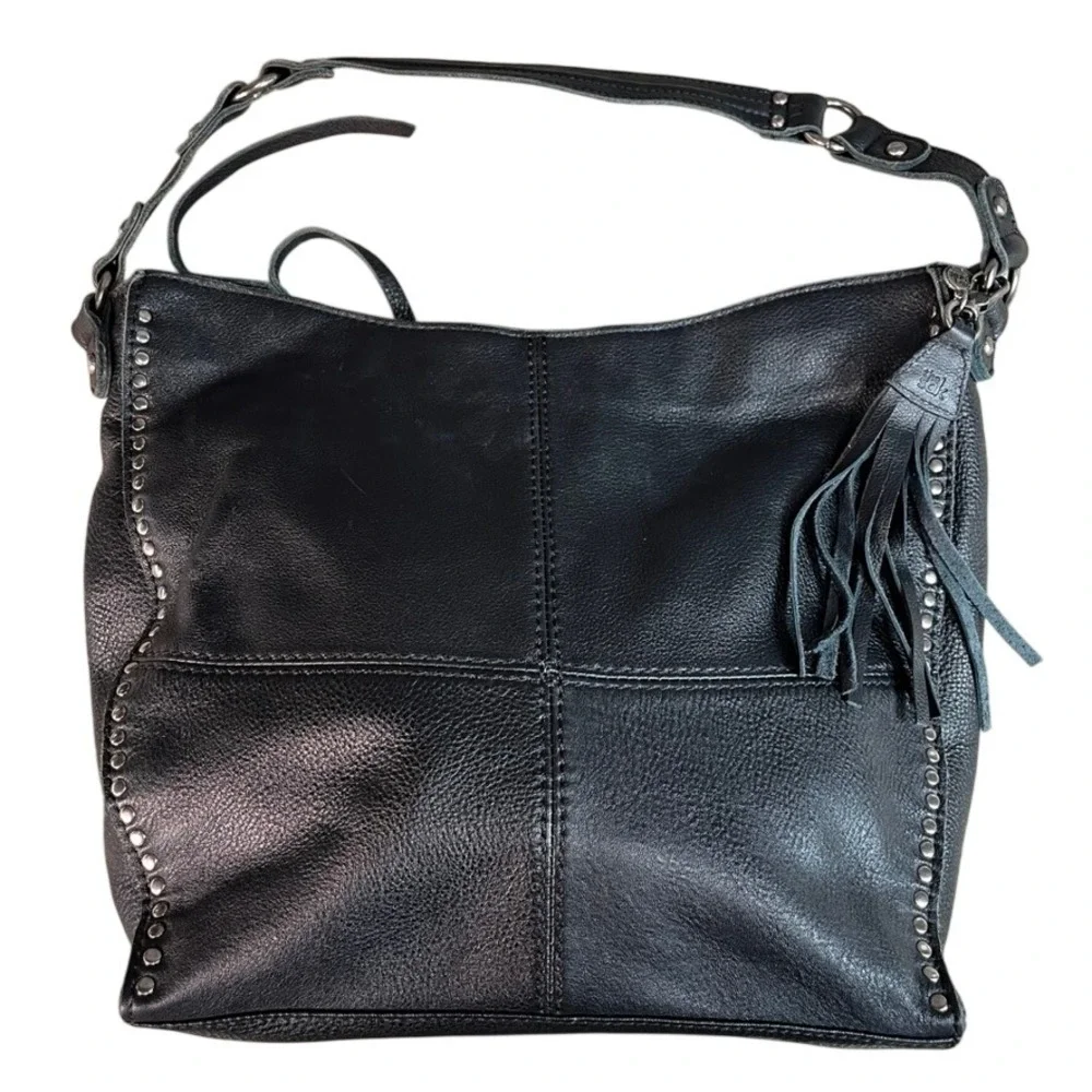 The Sak Black Pebbled Leather Hobo Bag Studded Tassel Shoulder Bag Handbag