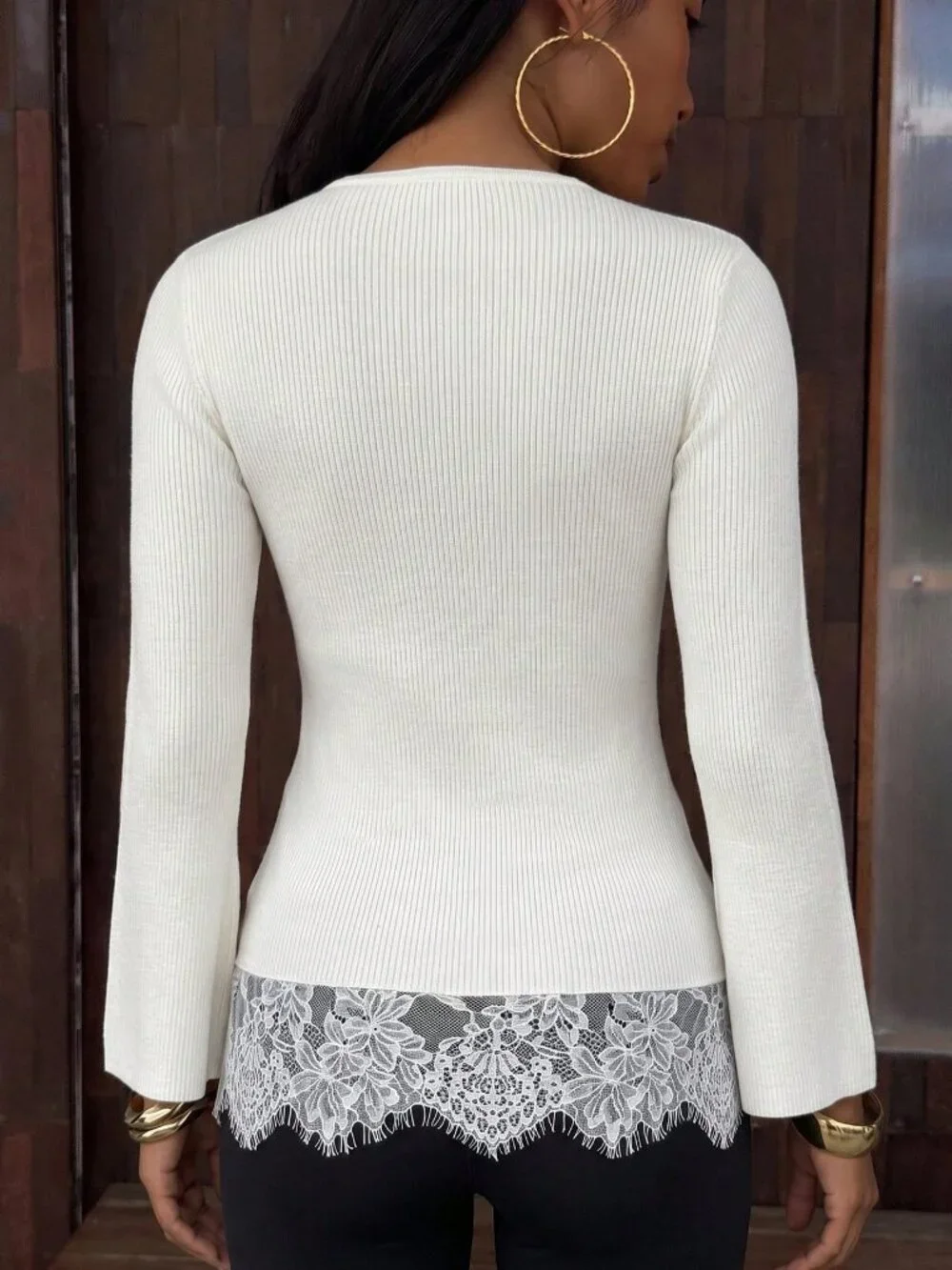 White Casual Women's Lace Patchwork Knit Sweater top