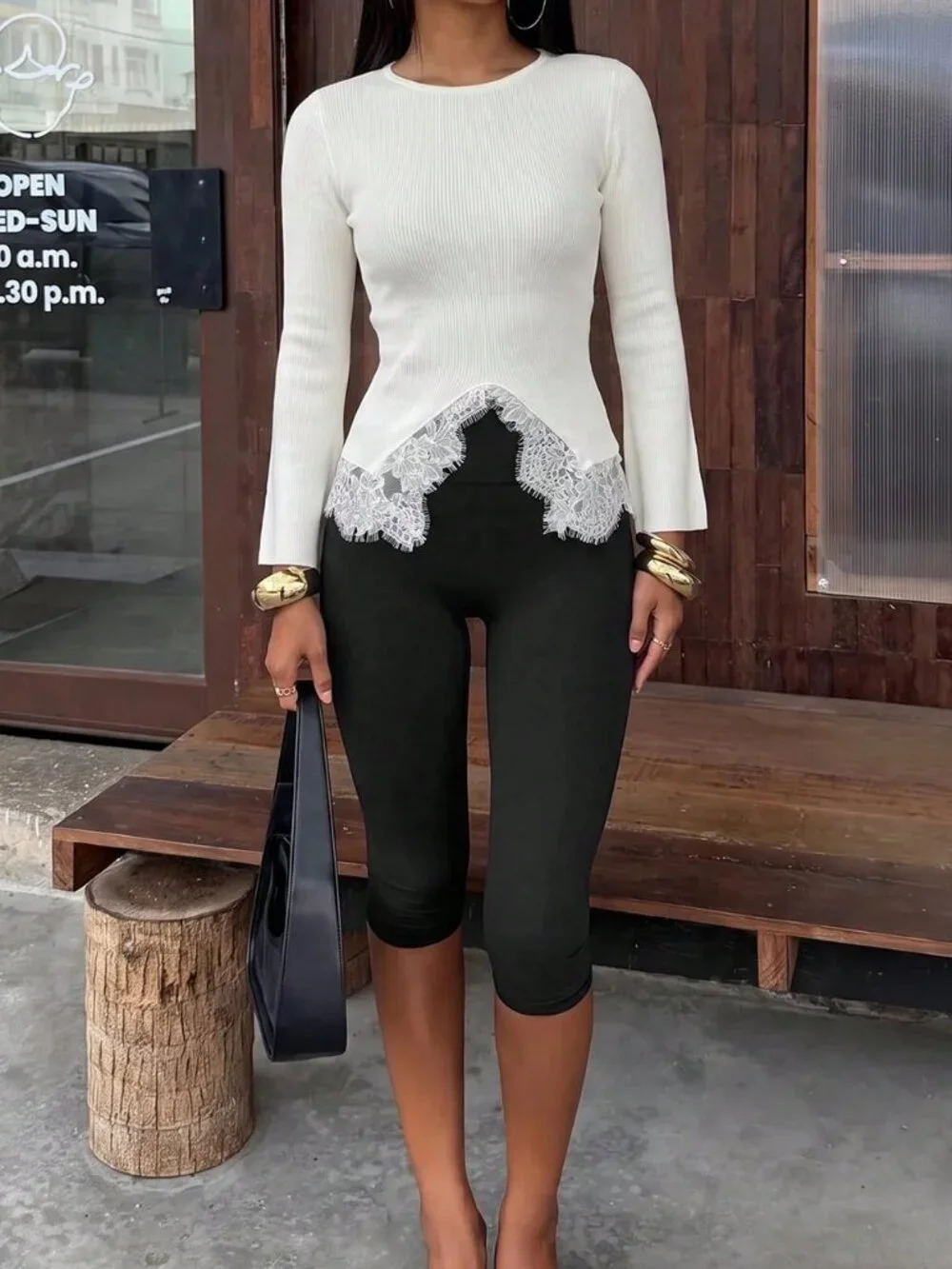 White Casual Women's Lace Patchwork Knit Sweater top