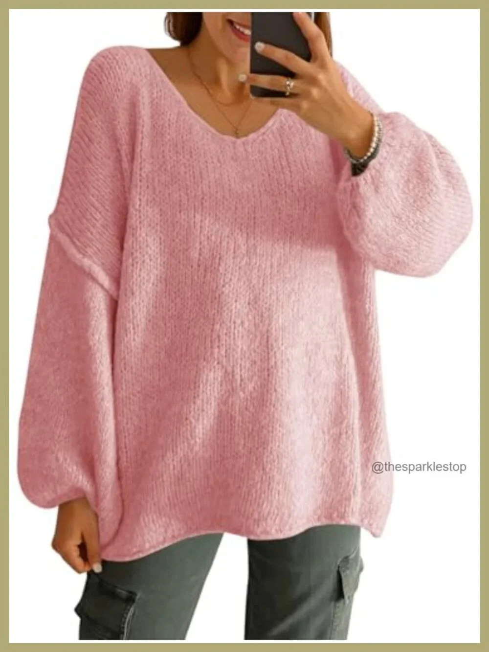 Womens Oversized Chunky Knit Sweater V Neck Lantern Sleeve Pullover Tunic