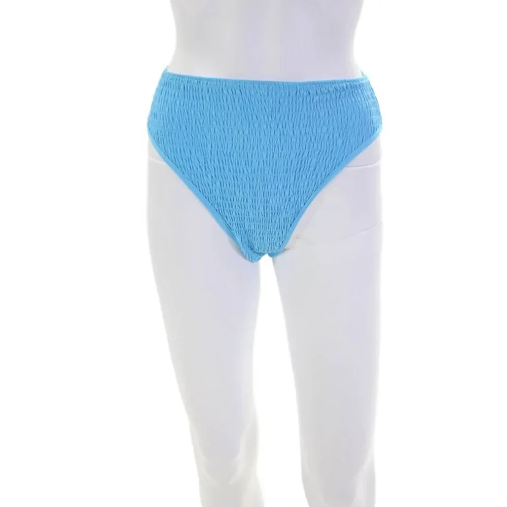 L Space Womens Smocked Solid High Waisted Bikini Bottoms Blue Size XS