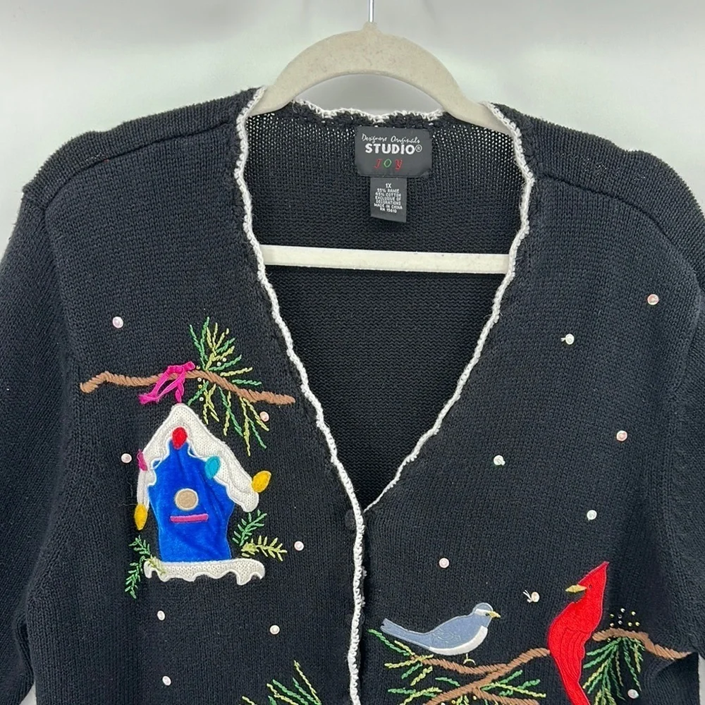 VTG Studio Black Christmas‎ Cardigan with Festive Cardinal Design Sz 1X