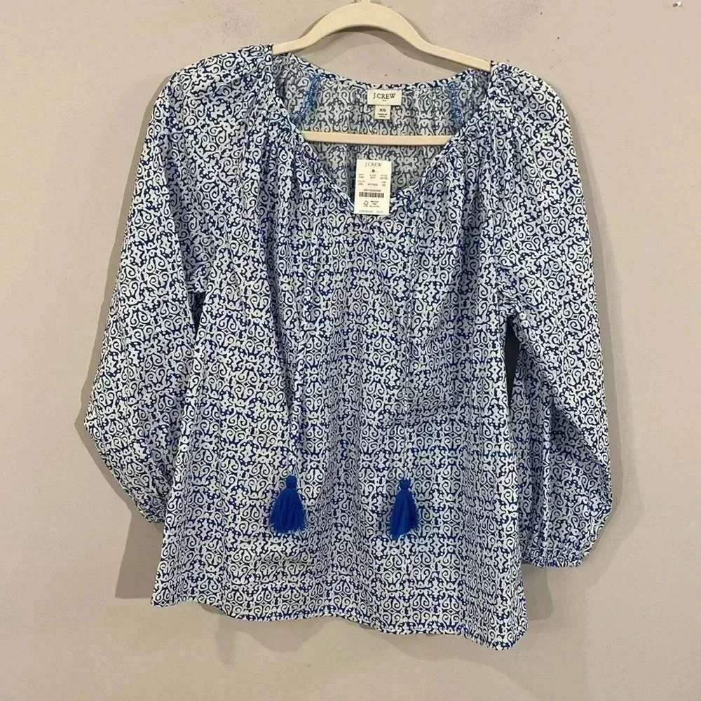 NWT J Crew Long Sleeve Blouse Tassels Blue White size‎ XS