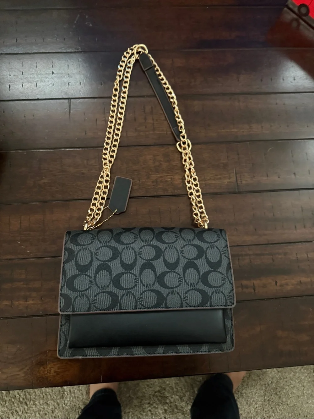 Black Signature Canvas Shoulder Bag with Gold Chain