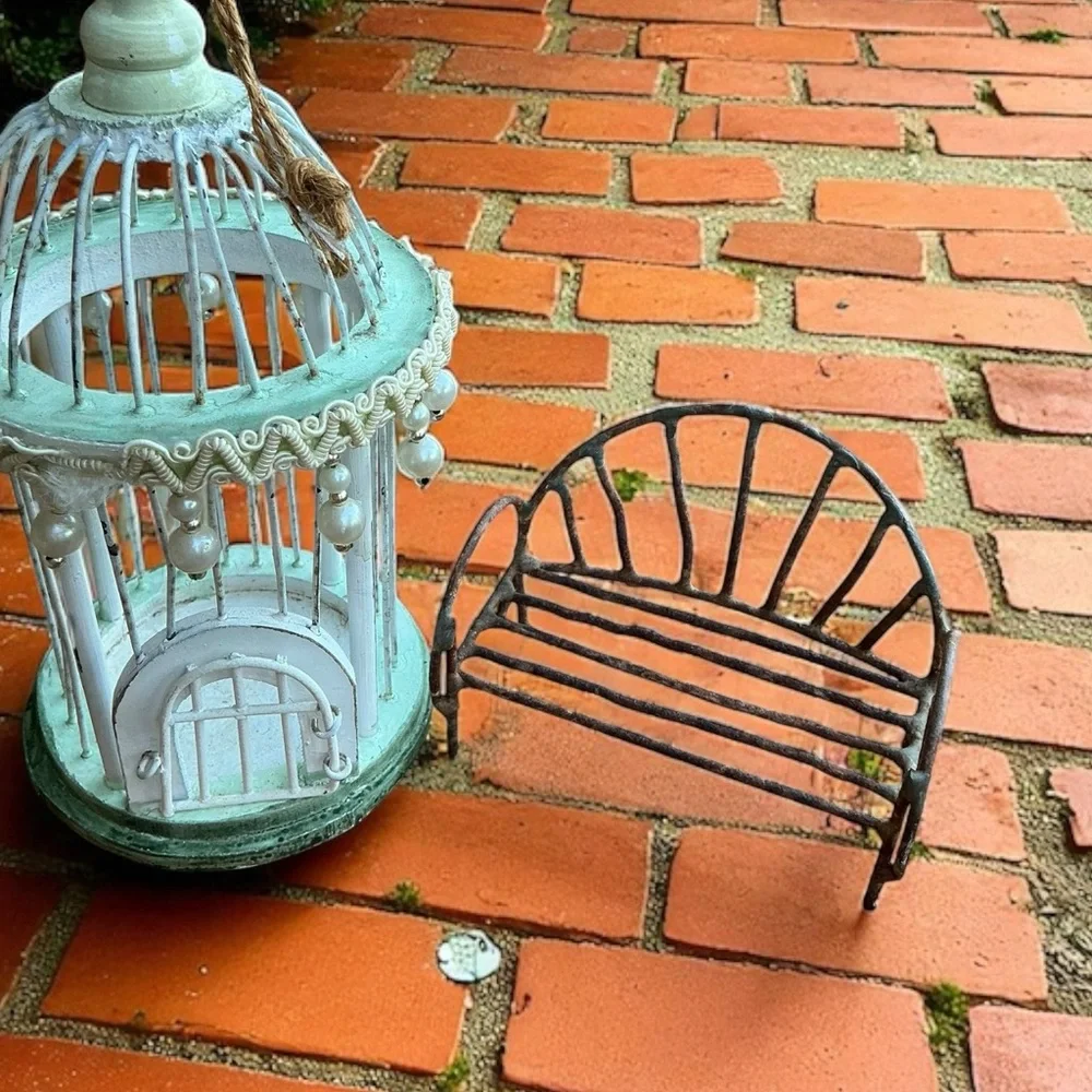 Vintage Fairy Garden Décor Whimsical Birdcage & Iron Bench Set