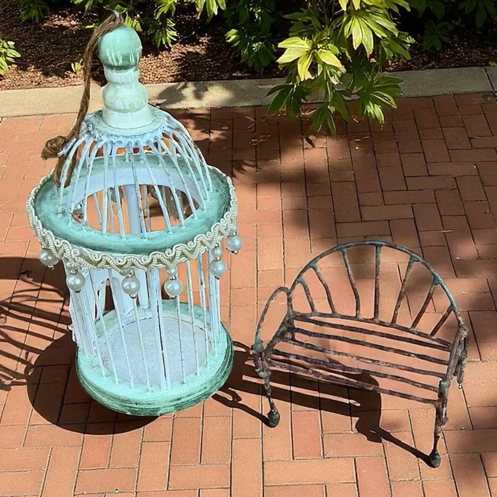 Vintage Fairy Garden Décor Whimsical Birdcage & Iron Bench Set