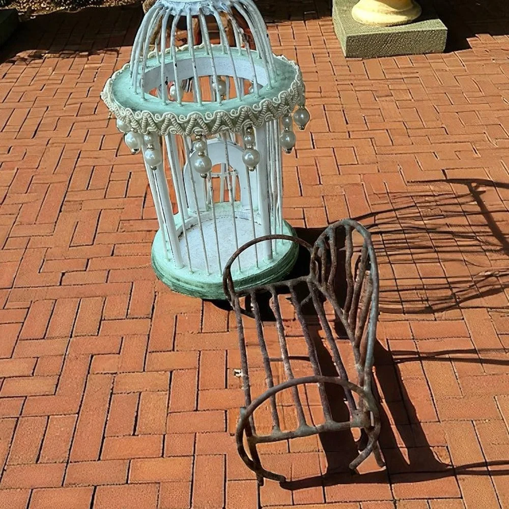 Vintage Fairy Garden Décor Whimsical Birdcage & Iron Bench Set