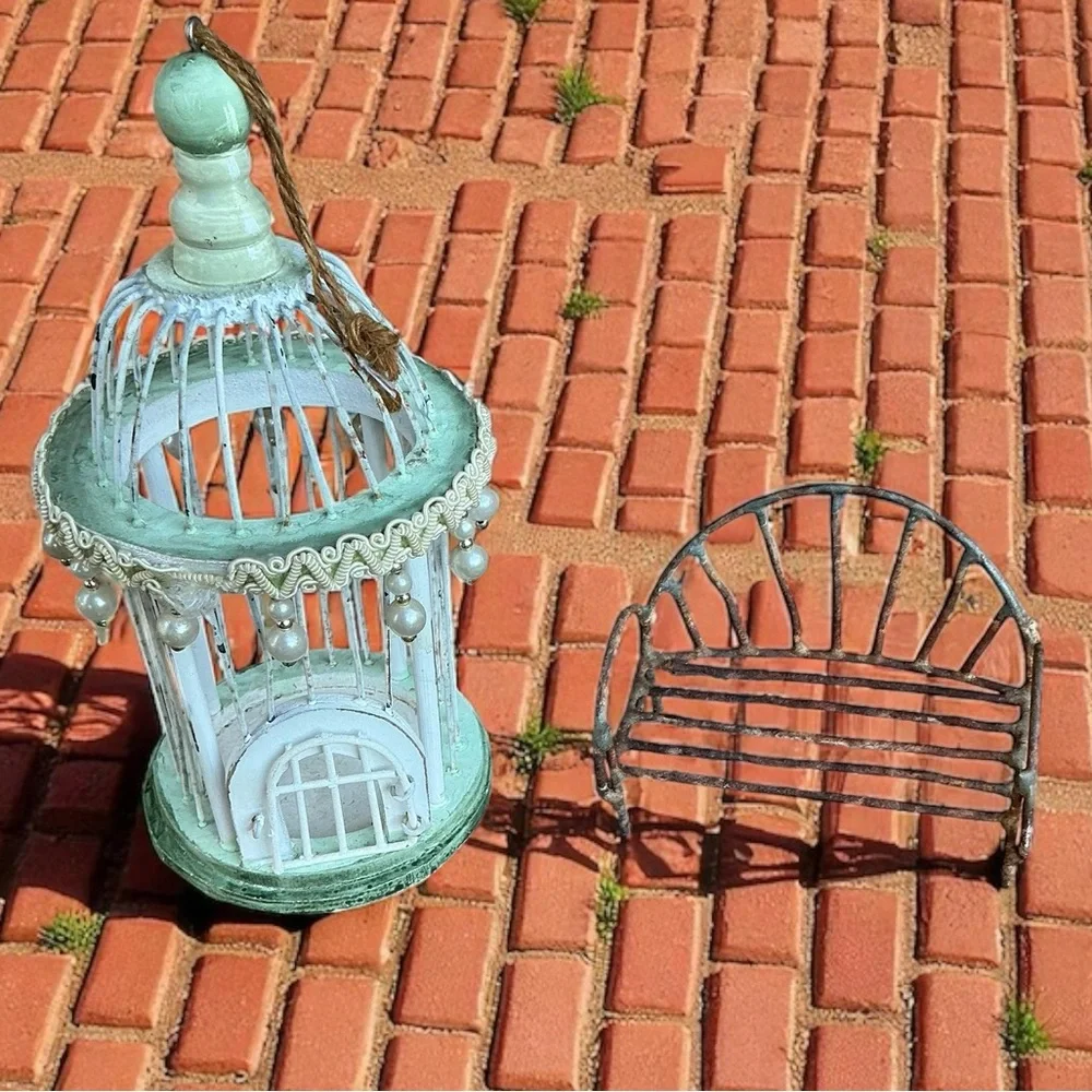 Vintage Fairy Garden Décor Whimsical Birdcage & Iron Bench Set
