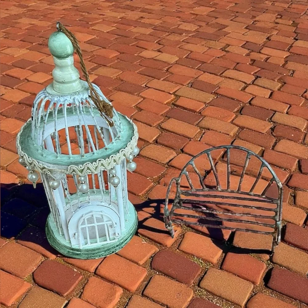 Vintage Fairy Garden Décor Whimsical Birdcage & Iron Bench Set
