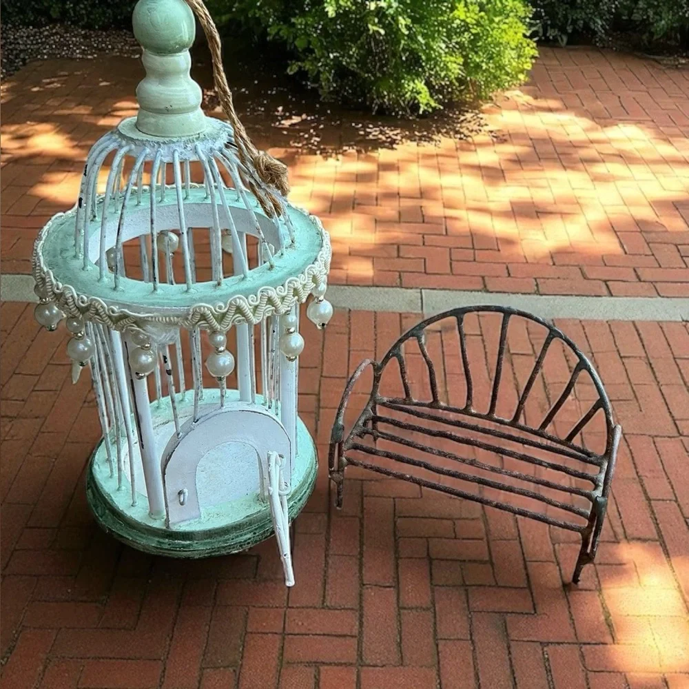 Vintage Fairy Garden Décor Whimsical Birdcage & Iron Bench Set