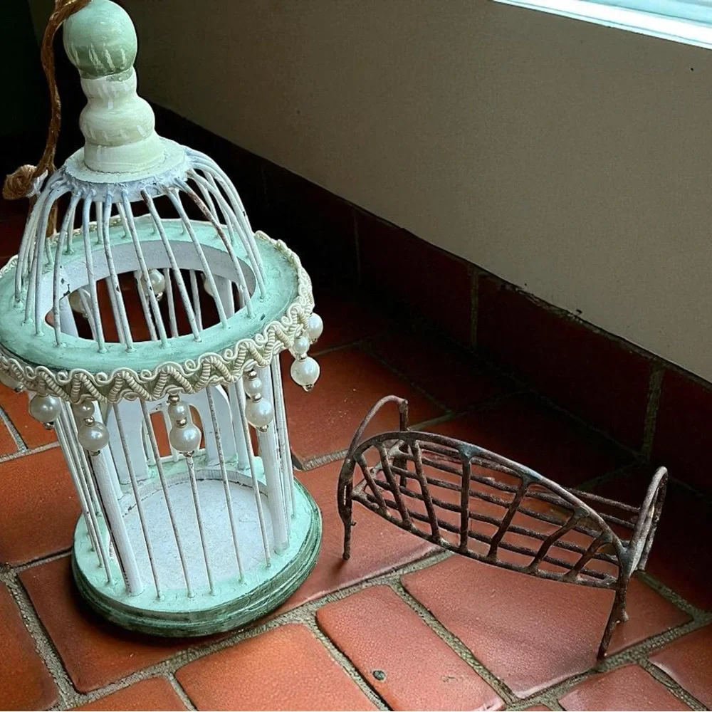Vintage Fairy Garden Décor Whimsical Birdcage & Iron Bench Set
