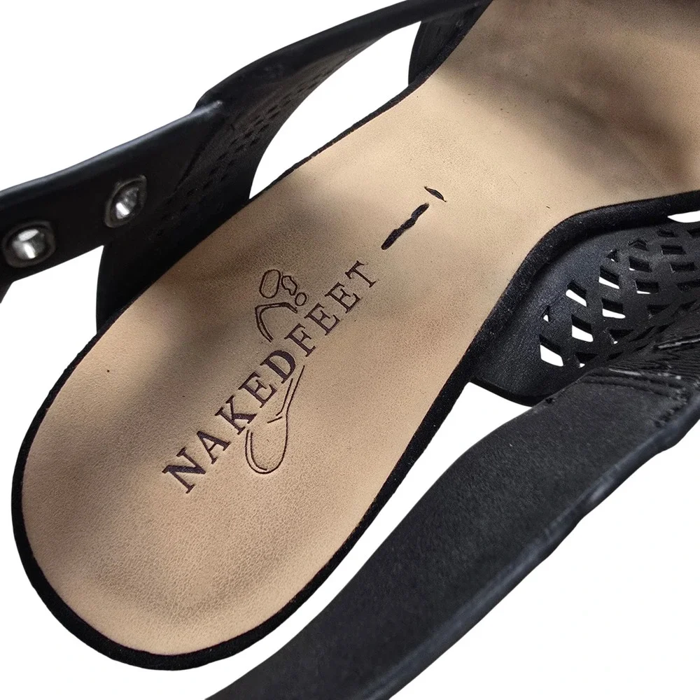 Naked Feet Leo‎ Sandals Womens 8.5 Black Leather Block Heel Laser Cut