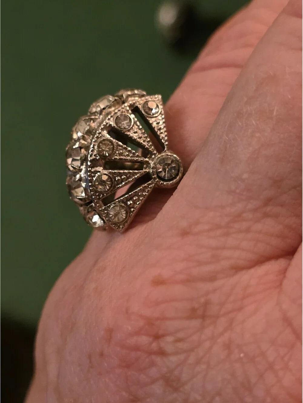 Silver Tone Rhinestone Dome Art Deco Fan Cocktail Ring Adjustable