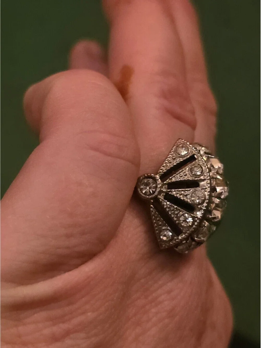 Silver Tone Rhinestone Dome Art Deco Fan Cocktail Ring Adjustable