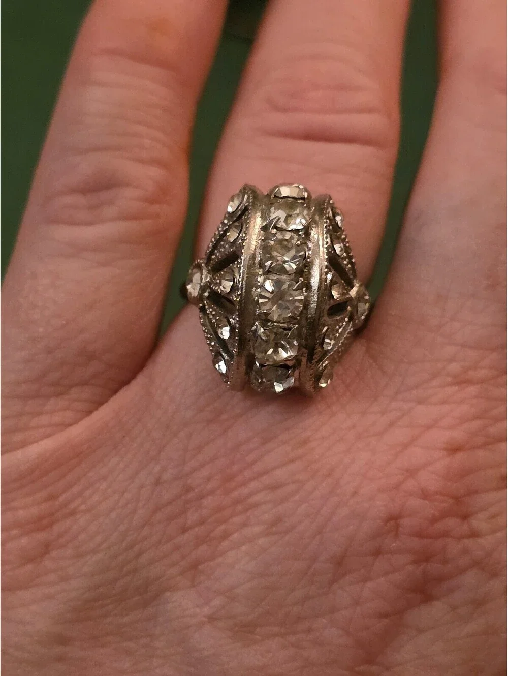 Silver Tone Rhinestone Dome Art Deco Fan Cocktail Ring Adjustable