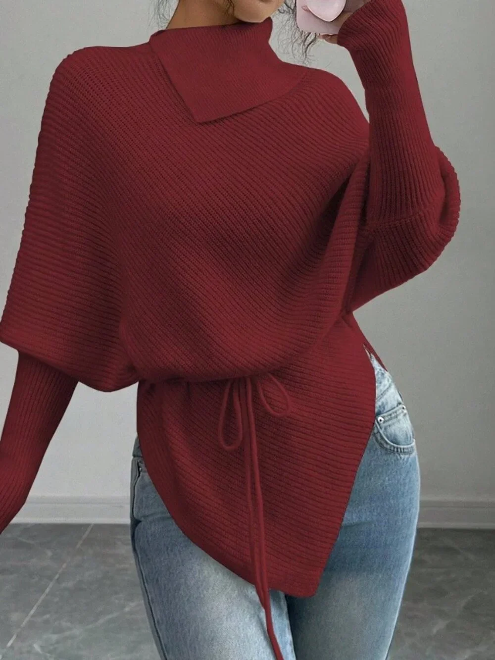 Red Casual Women's High Neck Batwing Sleeve Asymmetrical Hem Tie Waist Sweater
