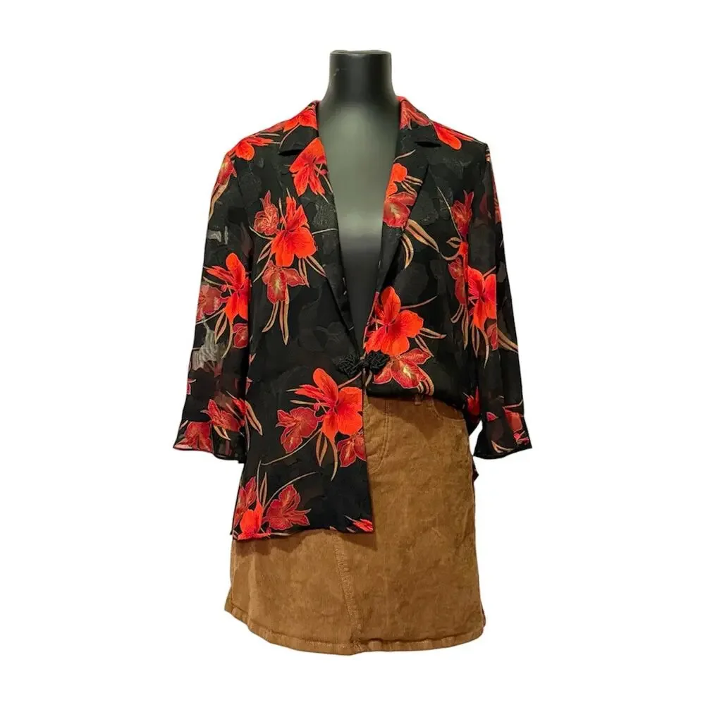 Vintage Koret Dress Sheer Floral Jacket Black Red Frog Closure, size12