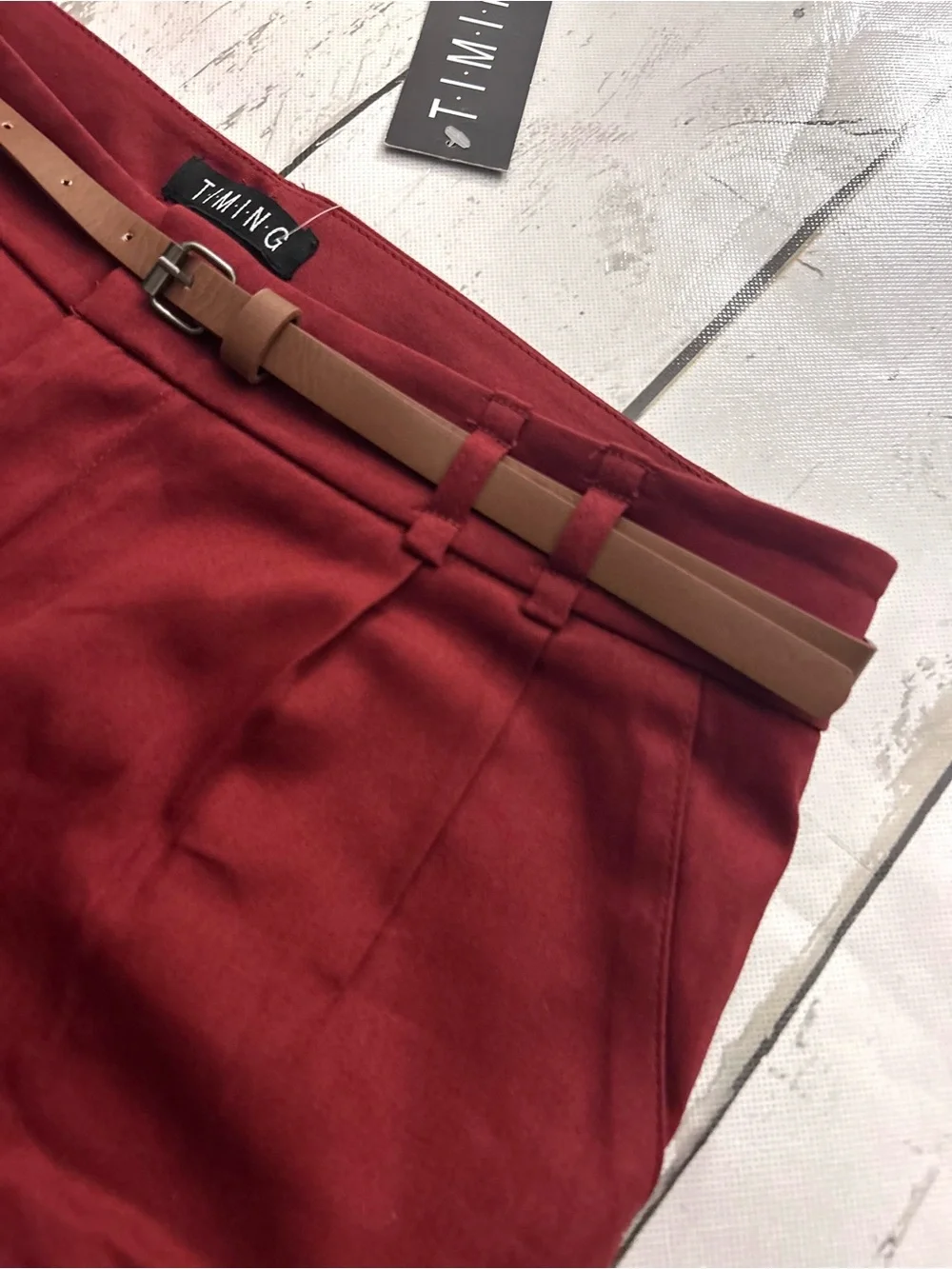 Timing Women's Burgundy Chinos with Leather Belt Sz M (6 -8) 98% cotton.
