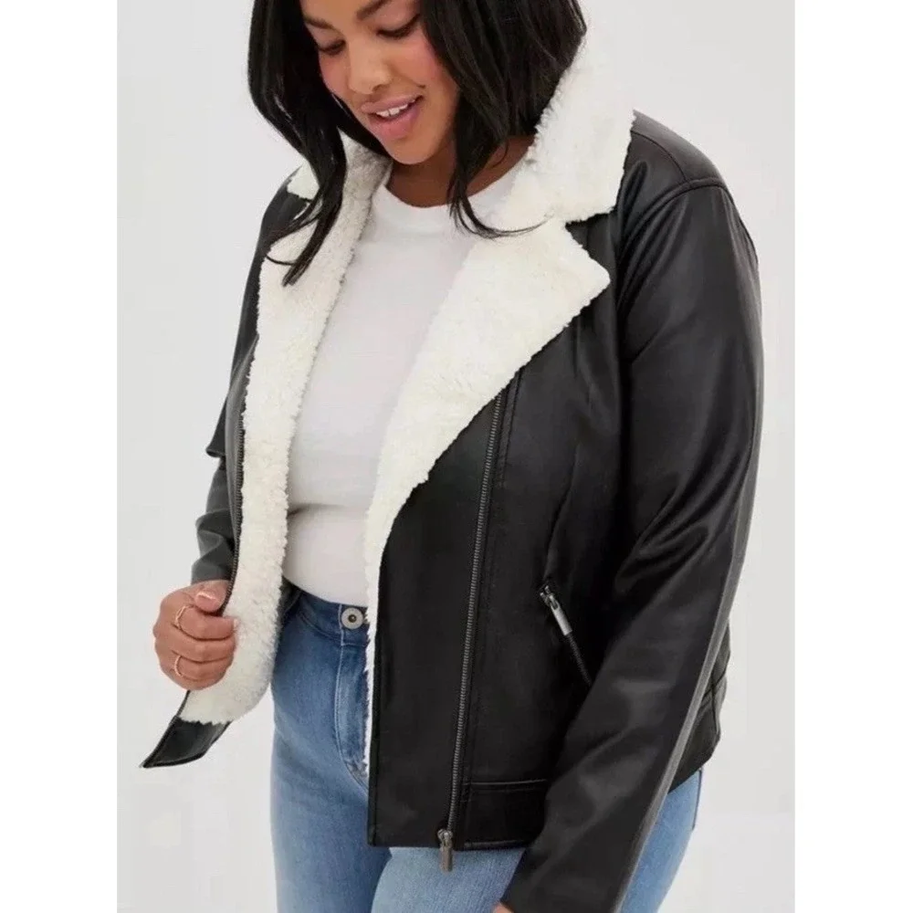 NWT Torrid 4Sherpa Lined Moto Jacket Faux Leather Black Womens Size 1/1X‎ 14-16