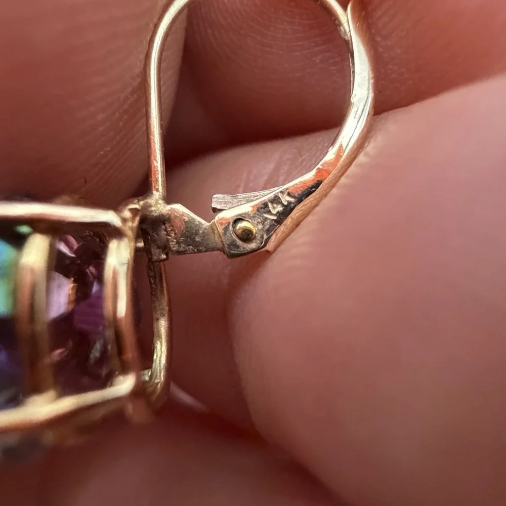 Designer 14K Yellow Gold Mystic Topaz Earrings Dangle Lever Back 8x10 Mm 2.84 Gr