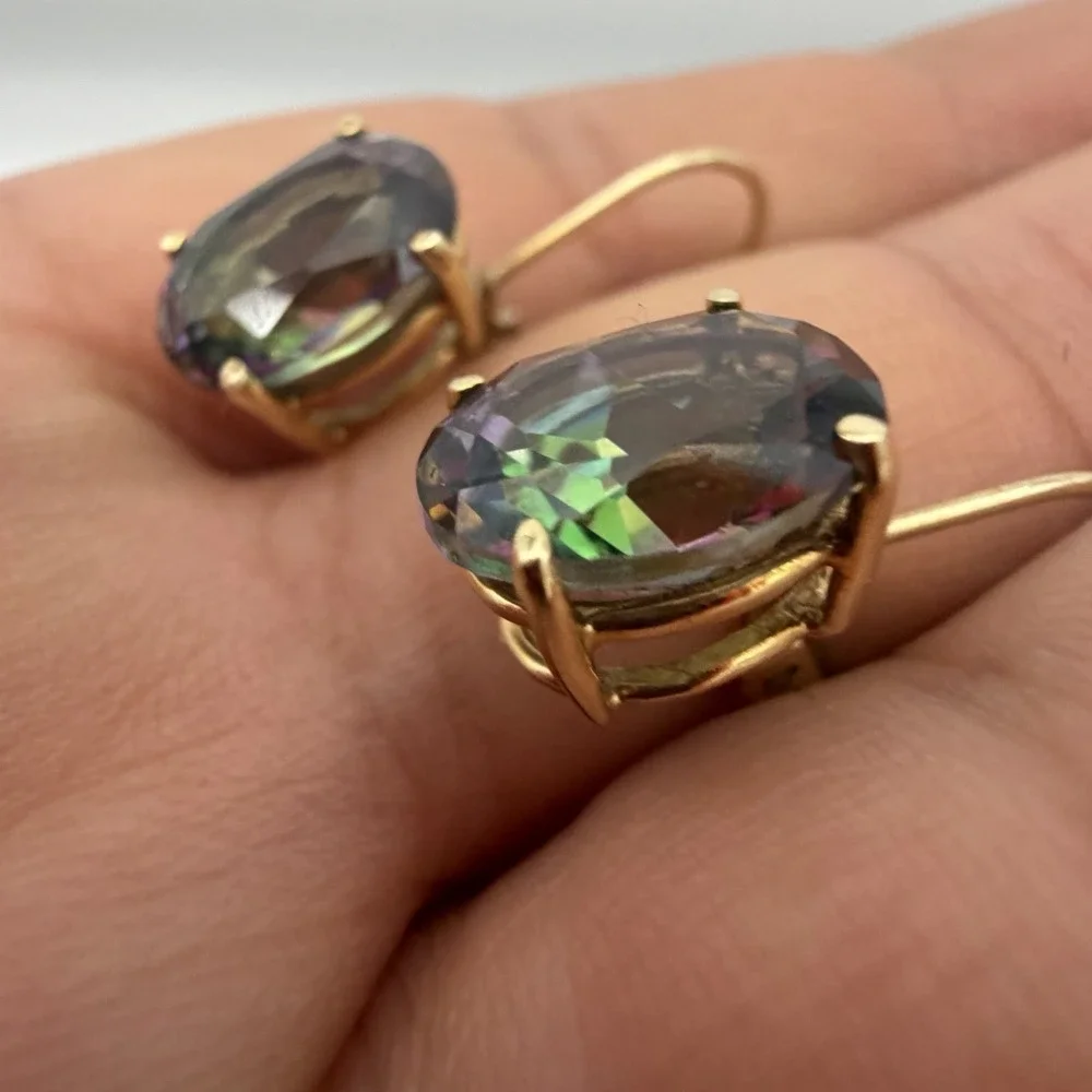 Designer 14K Yellow Gold Mystic Topaz Earrings Dangle Lever Back 8x10 Mm 2.84 Gr