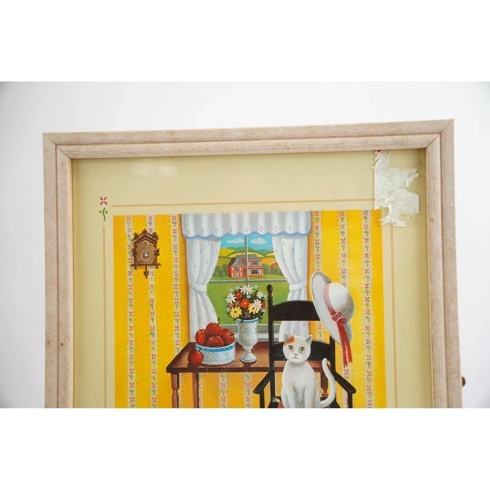 Steven Klein Cat Print Wooden Wall Cabinet Small Tan Cork Board Shelves Good‎