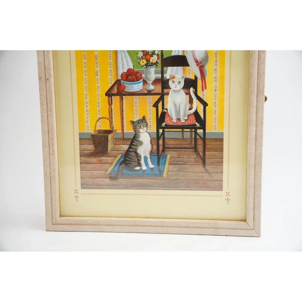 Steven Klein Cat Print Wooden Wall Cabinet Small Tan Cork Board Shelves Good‎