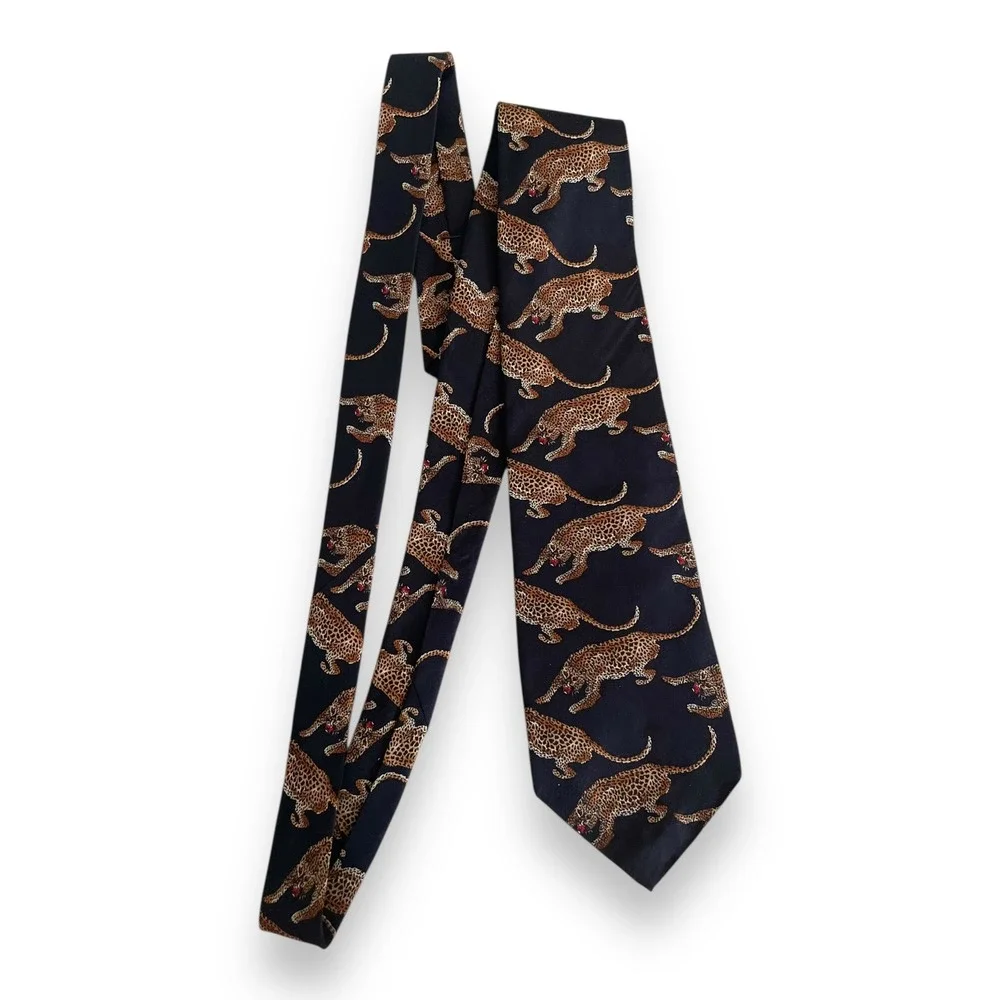 Vintage Polo Ralph Lauren Tie Navy Blue Leopard Animal Print Wide Hand Made USA‎