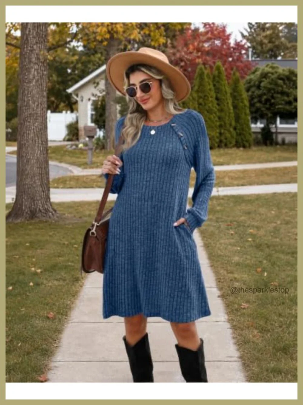 Women's Long Sleeve Ribbed Knit Dress with Pockets, Casual Button Detail