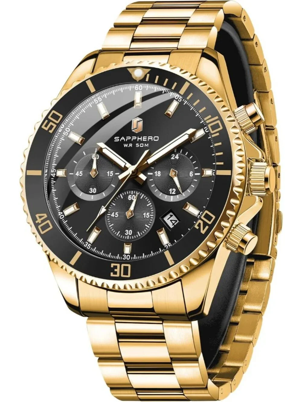 Men's Gold Strap/ Black face Chronograph Stainless Steel Quartz Wrist Watch
