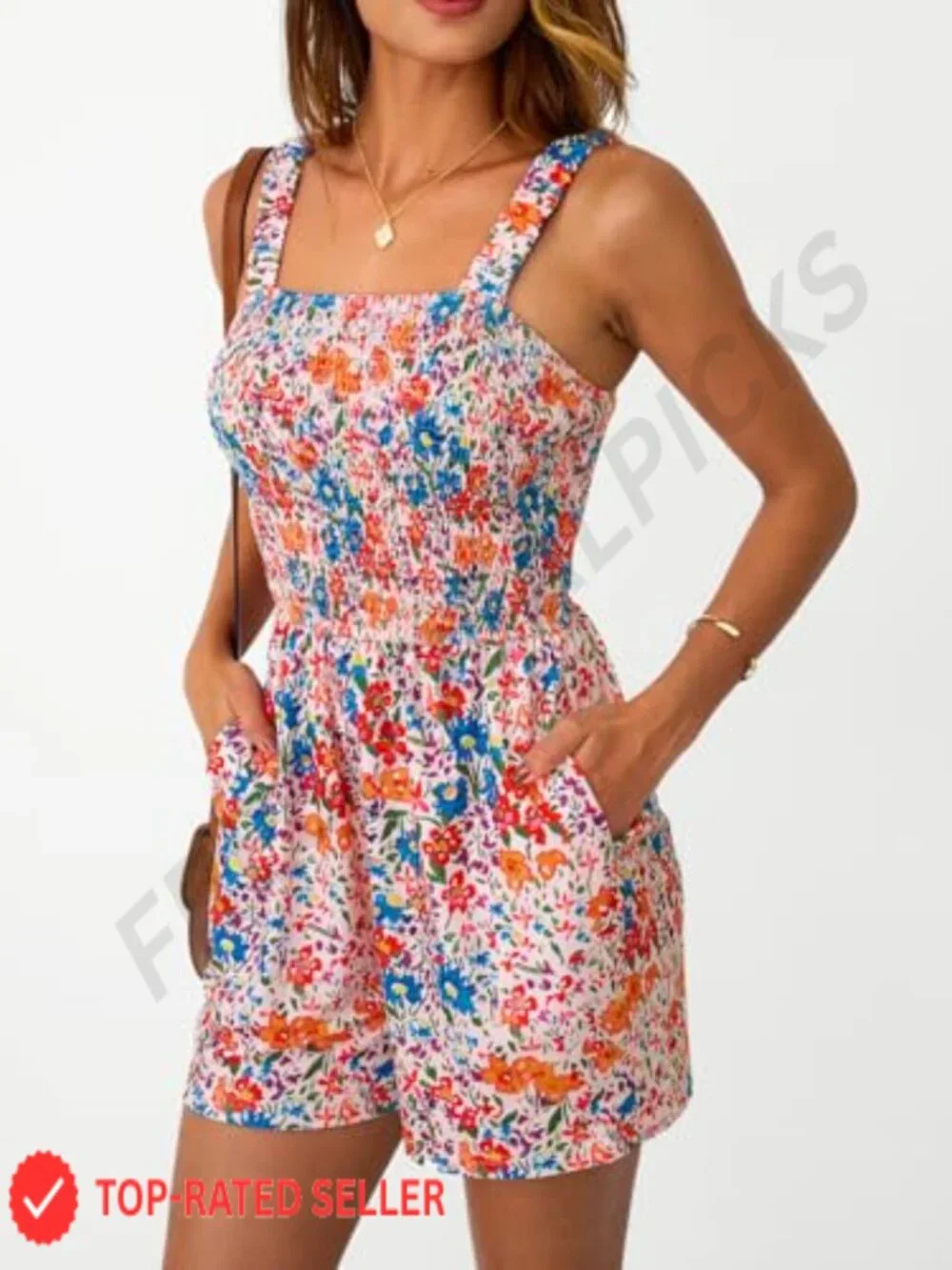 Floral Square Neck Romper Sleeveless Lightweight Polyester Spandex Beach